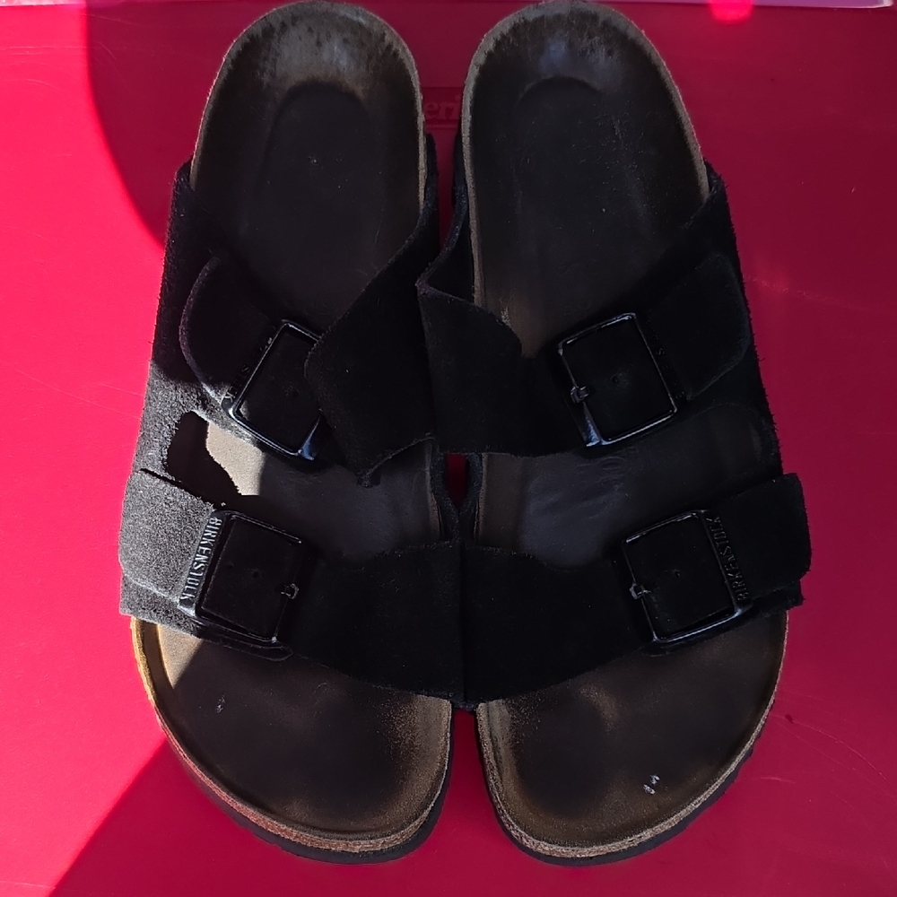 Birkenstock Black Suede Two-Strap Slide Sandals